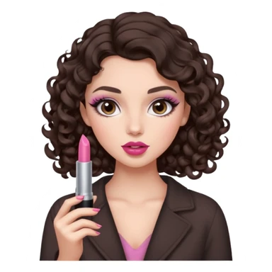 A dark brown hair little curl hair like 6 mm. roll looks so beautiful, she has an round and almond eyes with long and curl eyelashes in Douyin style, one of her hand carrying a lipstick looks similar to Rhode pink lip, her make up is cool tone and neutral style   sticker