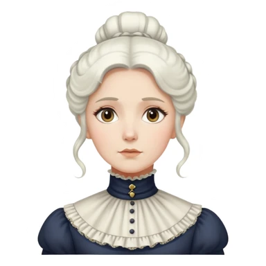 Victorian woman with white coiffed hair, modest turtleneck Victorian dress, and an awestruck expression sticker