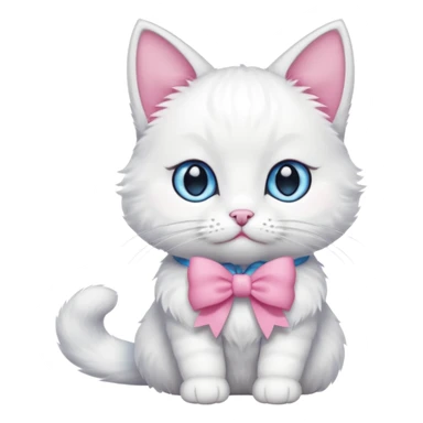 white cat sitting and she has a pink small bow on her right ear,she has blue eyes sticker