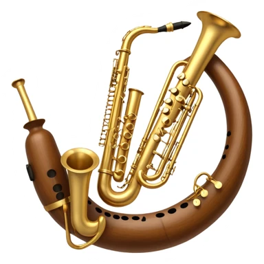 Create a balanced and harmonious emoji that represents traditional wind instruments like duduk, recorder (block flute), piccolo, and others. The design should feature these instruments arranged in a semi-circle or gentle arc to create a sense of unity. Each instrument should be visible but not overpowering, creating a harmonious composition. Add subtle musical notes flowing between the instruments to symbolize their connection through music. Use warm, earthy tones like wood brown, gold, and ivory to reflect the organic, classical feel. The background should be transparent. sticker