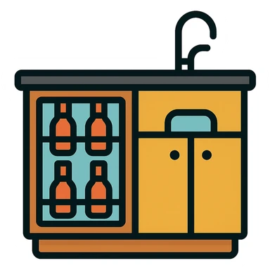 Wet bar with wine fridge and sink, wood cabinets, color outline icon style, transparent background sticker