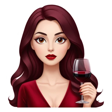 Glamorous woman with radiant fair skin, elongated face, large dark almond eyes with dramatic eyeliner, thick defined eyebrows, full red lips, long dark straight hair with soft waves at ends, wearing wine red velvet V-neck dress, confident expression sticker