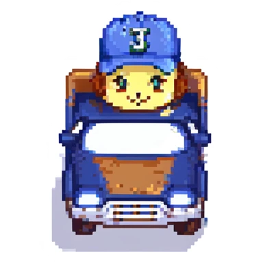 cute dump truck in navy blue and teal green, with a Mariners baseball cap, pixel art style sticker