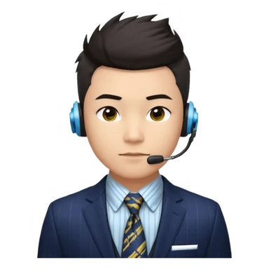A young Asian man with light skin, short dark hair styled upward with a spiked swoop in front, a clean-shaven face, focused eyes, and a slim headset over one ear, wearing a dark pinstripe suit with a patterned dress shirt and a bright solid-colored tie visible from the chest up. sticker