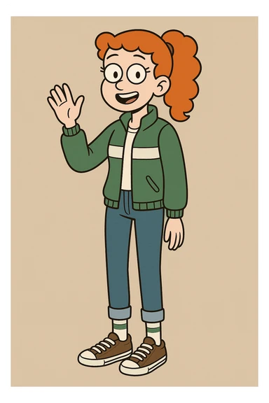 A girl Orange curly ponytail white green stripes ddre sshair jacket jeans blue sports striped socks brown converse women's chuck taylor all star shoreline slip on casual shoe wave and say hello sticker