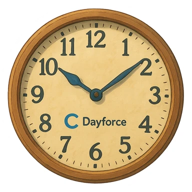 ghibli style illustration of a clock with subtle Dayforce branding sticker