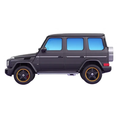 Edit the Mercedes G-Class SUV side view to be moderately minimal with only main door lines and simple wheels, in black color, in a 3D Apple emoji-like style, no background. sticker
