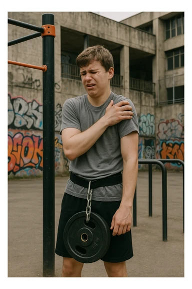 Giovane atleta neofita, fisico normale e non ancora sviluppato, si allena per la prima volta in uno spazio urbano per streetlifting: sbarra per trazioni, parallele, e pesi appesi alla cintura. Ma si è infortunato perchè non faceva le cose con la giusta tecnica. sticker