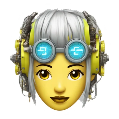 Neon yellow bobbed hair Asian female cyborg head with silver steampunk goggles and circuits sticker