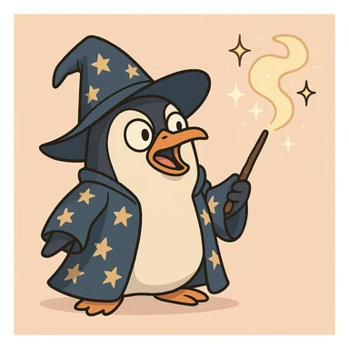 a penguin wizard casting a spell, with sparkles and a starry robe, cute cartoon style sticker