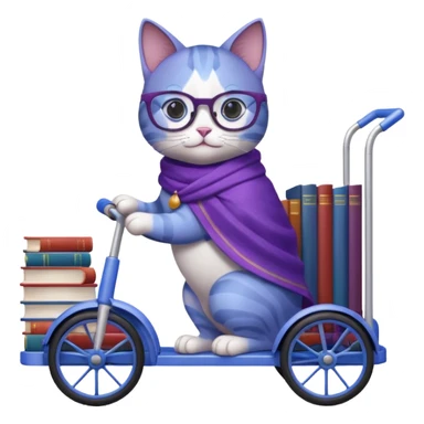 Purple and blue cat with reading glasses and a shawl, standing behind a 4 wheeled pushcart full of books sticker