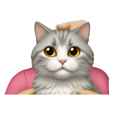 Dark brown straight hair girl holding fluffy Siberian gray cat  sticker