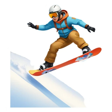 An icon showing a snowboarder performing an exciting jump on a snow-covered slope. The background features towering mountains, snow-covered trees, and a bright, clear sky. Transparent background highlights the speed, agility, and thrill of snowboarding. sticker