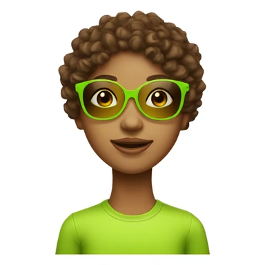 girl with curly brown hair wearing sunglasses and a bright lime green hat sticker