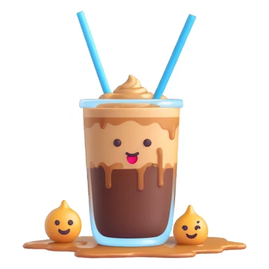 A 3D style emoji of Vietnamese iced coffee with a glass, straw, and coffee drips, featuring a coffee drop on the glass. sticker