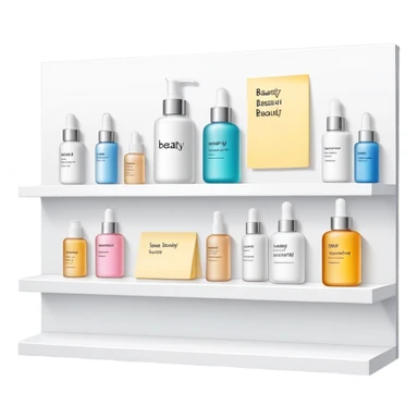 big long white shelf with one serum bottle labeled beauty brand and large sticky note next to it sticker