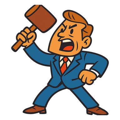 cartoonish lawyer character with exaggerated features, like a big gavel or a dramatic pose sticker