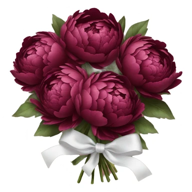 Big bouquet of burgundy peonies with a white satin ribbon sticker