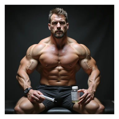 realistic muscular powerlifter sitting on bench, holding a syringe and a bottle of anabolic steroids (AAS), doubtful look, highly developed muscles, isolated on white background sticker