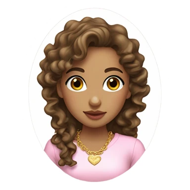 long curly haired, olive skinned, girl, brown eyes and brown hair with some meshes. a little curvy, oval face and plump pink lips. with a white long sleeved shirt and cute gold necklace and gold earrings. sticker