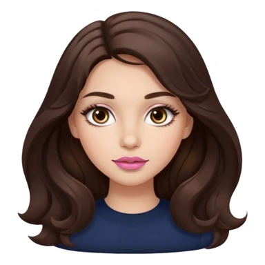 girl with wavy long dark brown hair, brown eyes, light to medium complexion, long lashes, almond shaped eyes, light pink lipstick sticker