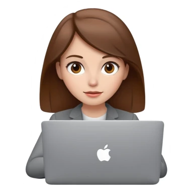 memoji of a brown hair white skin female with a grey laptop in front, apple-style, modern sticker