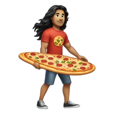 guy with long black hair in short and t-shirt surfing a pizza sticker