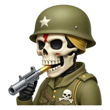 Una calavera 💀 soldado 🪖 mordiendo una bala en su boca con fondo verde  sticker