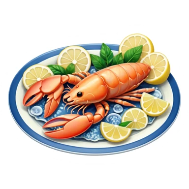 seafood on a porcelain platter with lemon  sticker