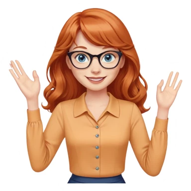 redheaded woman with very long wavy hair and bangs, blue eyes, cat-eye glasses, pencil skirt, apricot blouse, waving, smiling sticker