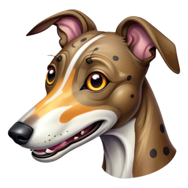 Cinematic Comical Brindle Greyhound Portrait Emoji, Head tilted dramatically with an exaggeratedly amused expression, featuring a striking brindle Fur with bold patterns, wide, expressive eyes filled with playful disbelief, Simplified yet hilariously expressive features, highly detailed, glowing with a slightly sassy glow, high shine, dramatic yet playful, stylized with an air of cheeky mischief, bright and endearing, soft glowing outline, capturing the essence of a spirited and over-the-top racer, so meme-worthy it feels like it could side-eye its way into internet fame instantly! sticker