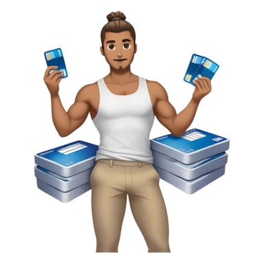 Handsome Brown guy with a glossy man bun , flexing stacks of American Express cards , full body.  sticker