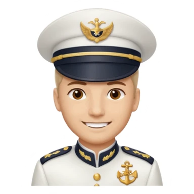 A light-skinned man with brown eyes, smiling while wearing a white captain’s hat with a navy emblem. sticker