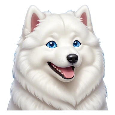 Cinematic Comical Samoyed Portrait Emoji, Head tilted dramatically with an exaggeratedly amused expression, featuring a striking, fluffy white Fur with a radiant sheen, wide, expressive blue eyes filled with playful disbelief, Simplified yet hilariously expressive features, highly detailed, glowing with a slightly sassy glow, high shine, dramatic yet playful, stylized with an air of cheeky mischief, bright and endearing, soft glowing outline, capturing the essence of a spirited and over-the-top companion, so meme-worthy it feels like it could side-eye its way into internet fame instantly! sticker