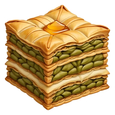Cinematic Realistic Baklava Dessert Emoji, depicted as layers of flaky pastry with honey and nuts rendered with rich textures and warm, inviting lighting. sticker