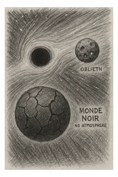 hand drawn map of dark back ward -“A dark cosmic region orbiting a massive black hole. No sunlight. A dead solar system with twisted planets and moons circling in silence. Monde Noir looms in the foreground — a cracked, obsidian planet with no atmosphere. Its moon, Oblieth, floats nearby, scarred and pitted, with faint green lights glowing from within cave openings. Stars are distorted and streaked by gravitational lensing. The entire scene is heavy, quiet, and surreal.” sticker