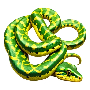 cinematic-green tree python-realistic-full-body-coiled-emoji,-thick-scaled-body-looped-tightly,-intricate-tellow and green-patterned-scales-reflecting-light,-head-tilted-dramatically,-slitted-eyes-staring-calmly,-simplified-yet-realistic-focused-feature sticker