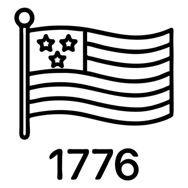 Add the text '1776' in bold black font below the horizontal black and white outlined American flag, keeping the style and background transparent. sticker