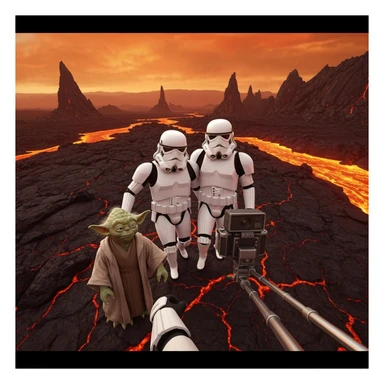 Camera POV, Starwars stormtroopers vlogging selfie, he is walking on lava planet with yoda sticker