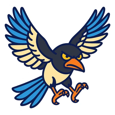 Make the flying magpie look evil with sinister eyes and a mischievous expression, no background. sticker