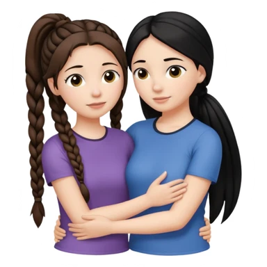 Comforting Hug two white skin women, one shorter woman with medium brown simple top ponytail, not braided, and one taller woman with a single long black side braid sticker