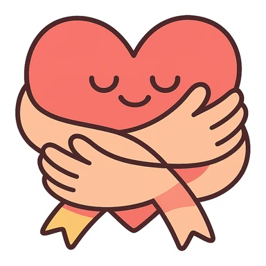 heart wrapped with soft ribbon or hands, symbol of self-care and self-acceptance, pastel toon style, clear contours, soft shadows and highlights, white outline sticker