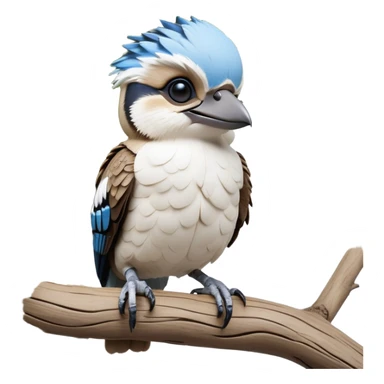 cinematic-kookaburra-realistic-full-body-perched-emoji,-compact-sturdy-frame-balanced-on-a-weathered-branch,-blue-and-white-feathered-wings-folded-neatly,-bold-striped-face-with-a-mischievous-glint-in-its-eye,-massive-sharp-beak-slightly-open-as-if-ready-to-laugh,-simplified-yet-realistic-focused-features,-highly-detailed,-glowing-with-a-warm-golden-light sticker
