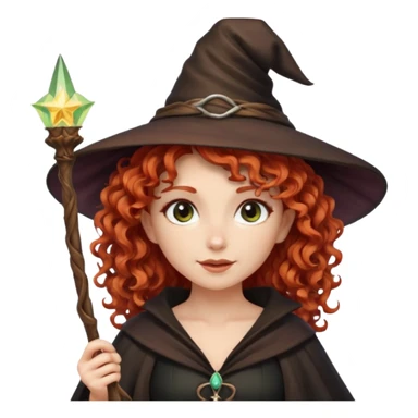Рыжая кудрявая фея ведьма в шляпе и с волшебной палочкой белая кожа sticker