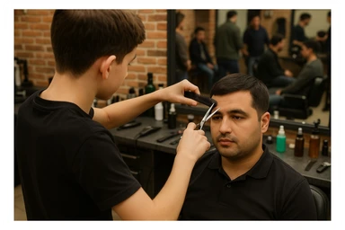 yuzi ko'rinmasin sartaroshxonada ishlayotganini tasvirlab ber mijozlarni sochini olayotganini o'smirin davrini sticker