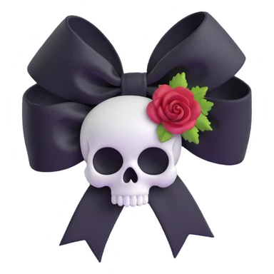 3D emoji gothic bow, white satin, silver skull charm, black feather accents, black rose center sticker