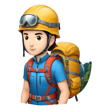 Icon for Mountain Tourism and Climbing: a mountain peak in the background, climbing gear and backpack. The icon should capture the adventure and challenge of alpine exploration. Transparent background. sticker