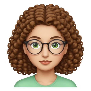 iranian woman, tight curly light brown hair in pony tail, glasses, green eyes, pretty, oval shape face sticker