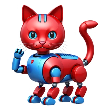 generate robot cat, glossy, realstic, red and blue color, write on text "LMX" sticker