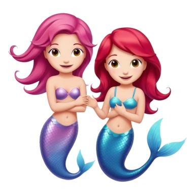 Cute iOS-style emoji of a pastel pink dolphin and a red-haired mermaid, smiling at each other. 
Simple vector emoji design, bold outlines, soft gradients, glossy look, centered, white background. sticker